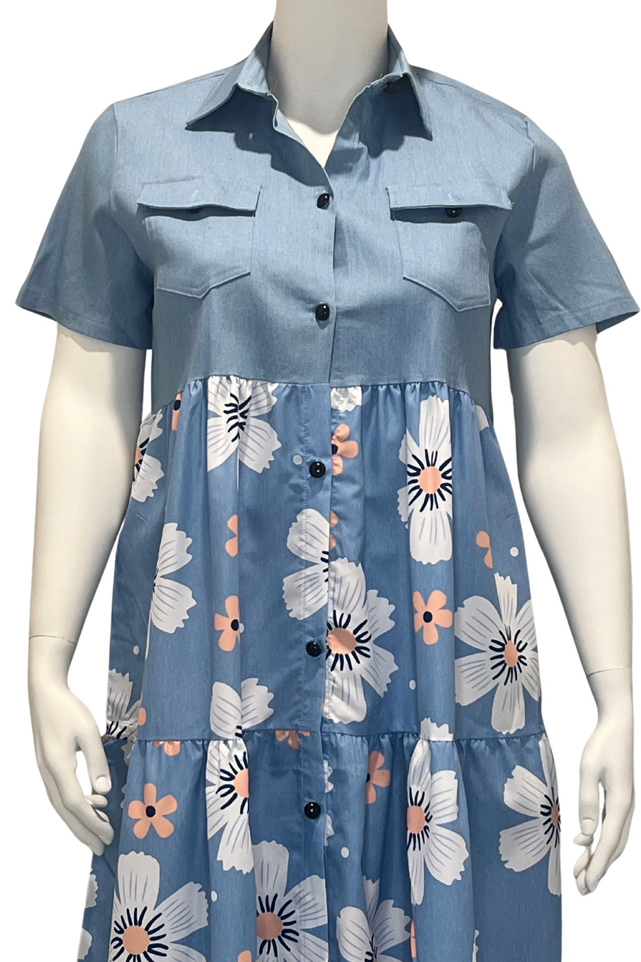 Blue Floral Cotton Denim Plus Size Dress with Short Sleeves Long Plus Size Dress Maxi