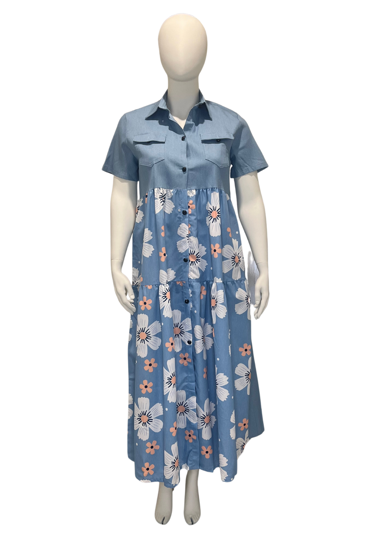 Blue Floral Cotton Denim Plus Size Dress with Short Sleeves Long Plus Size Dress Maxi