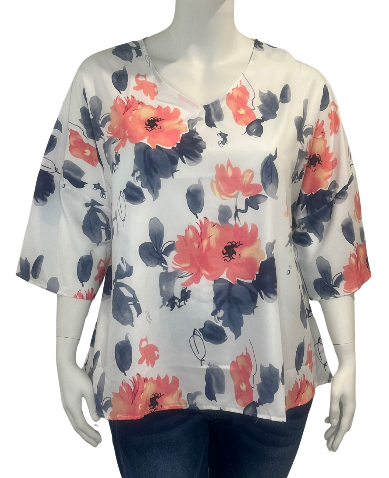 Plus Size Casual Top, Women's Plus Floral Print V Neck Half Sleeve Slight Stretch Top