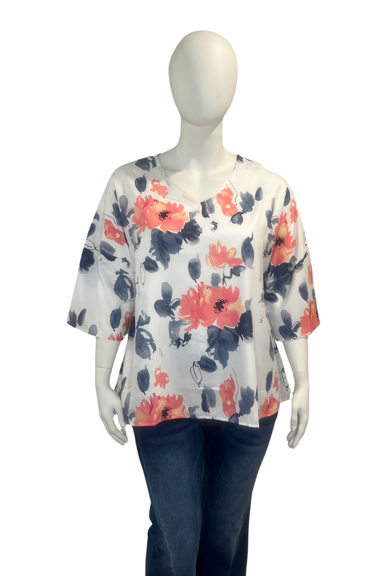 Plus Size Casual Top, Women's Plus Floral Print V Neck Half Sleeve Slight Stretch Top