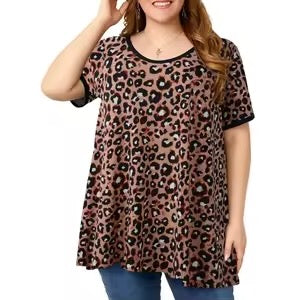 Leopard Print Crew Neck Plus Size Top, Short Sleeve Women's Top, Casual T-Shirt