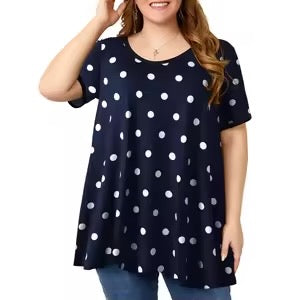Blue Polka Dot Print V Neck Plus Size Top, Short Sleeve Women's Top, Casual T-Shirt