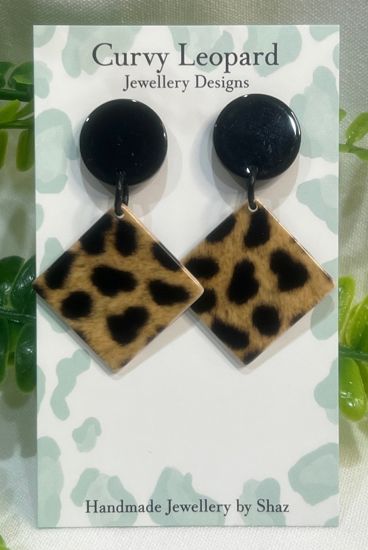 Leopard Print Acrylic Drop Earrings with Black Stud.