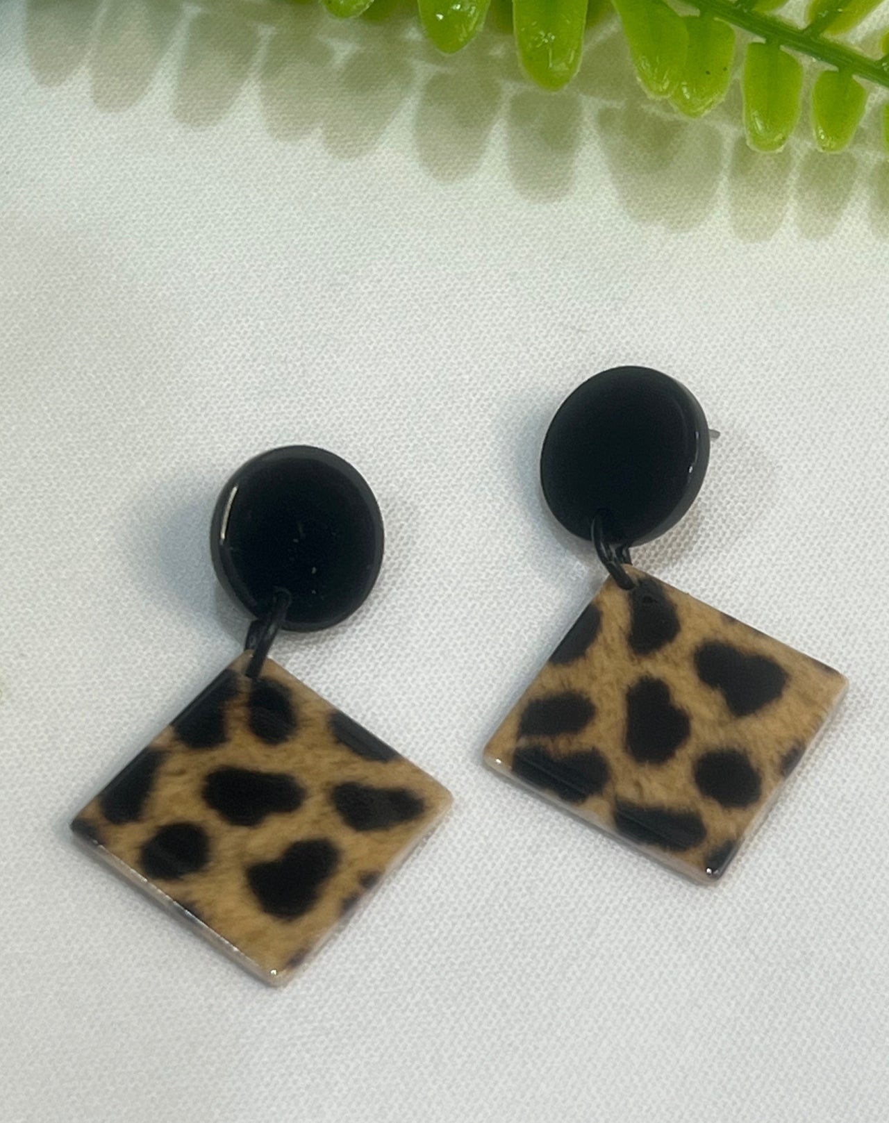 Leopard Print Acrylic Drop Earrings with Black Stud.
