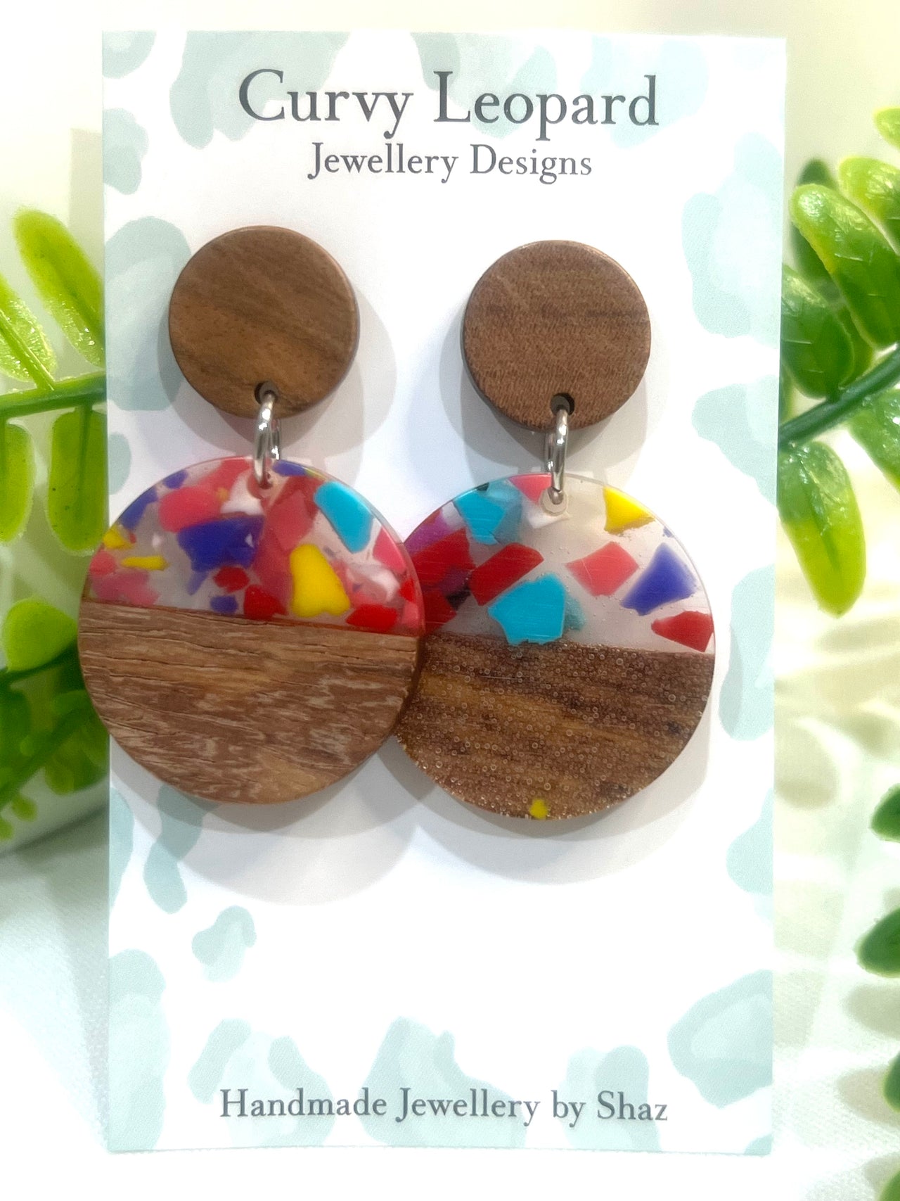 Colourful Resin and Wooden Stud Dangle Earrings.