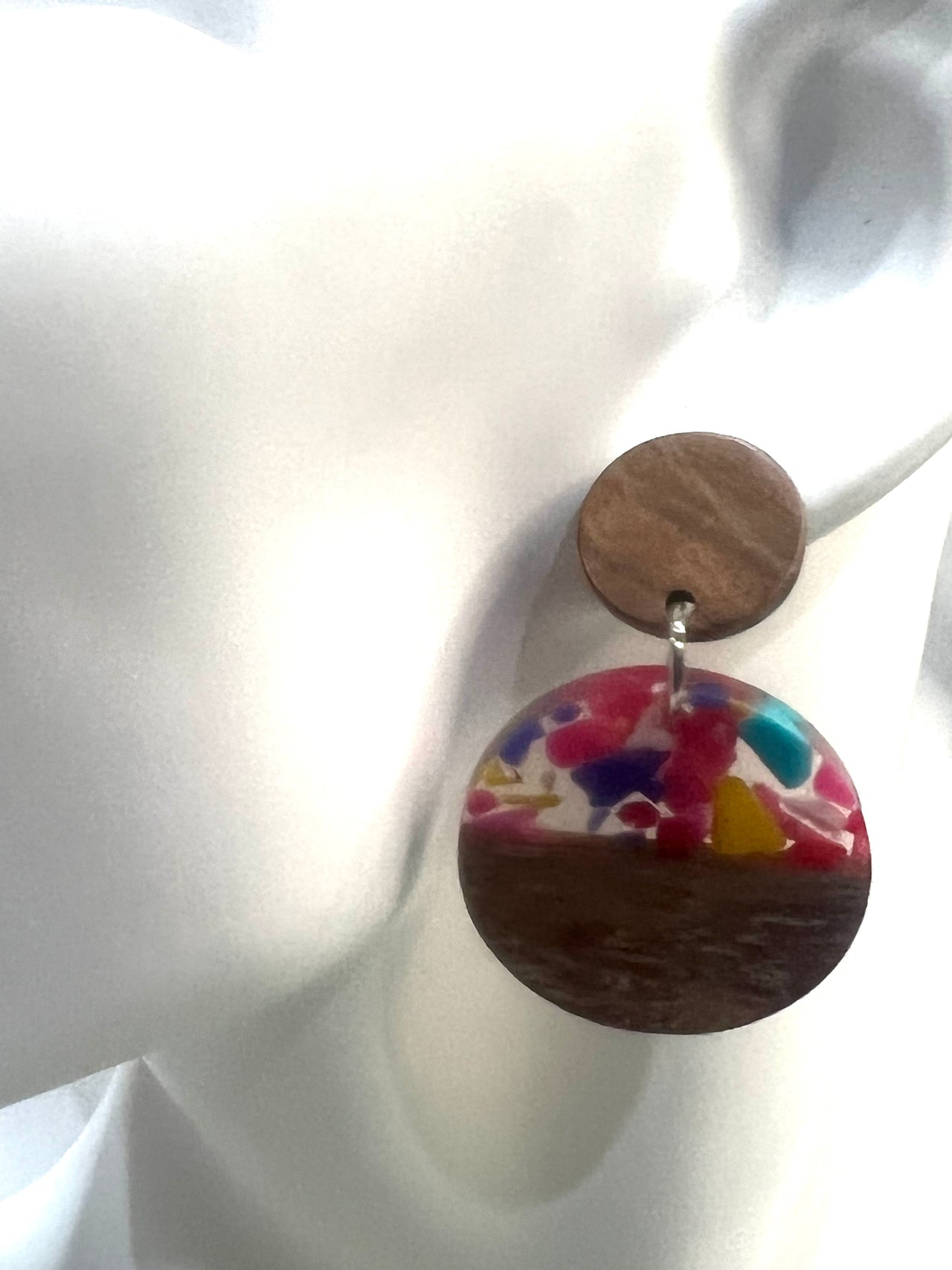 Colourful Resin and Wooden Stud Dangle Earrings.