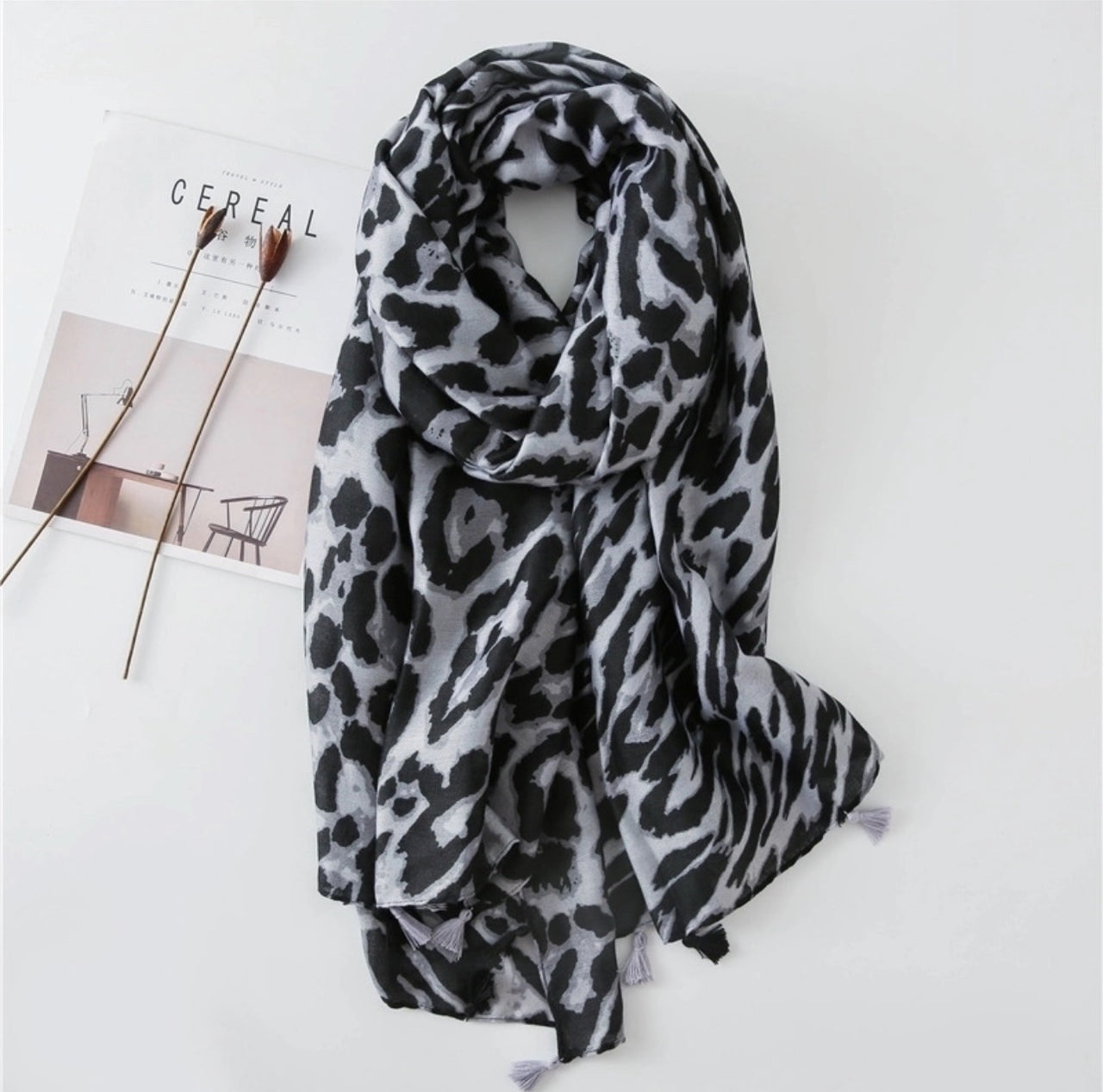 Grey Leopard Cotton - Linen Scarf / Shawl