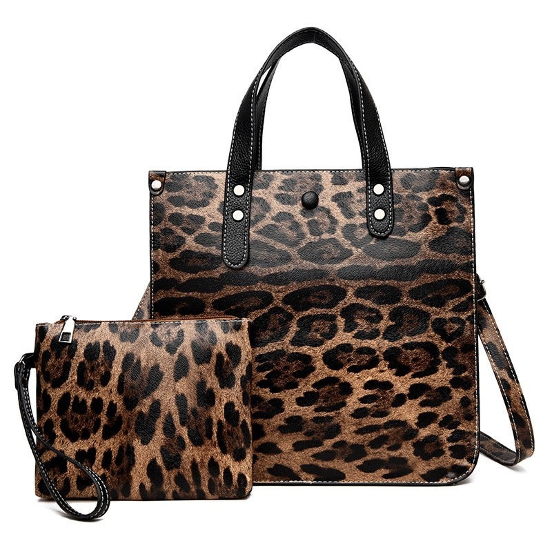 Leopard Print Women's Large Pu Leather Leopard Basic Streetwear Square Zipper Bag Sets Handbag Crossbody Bag