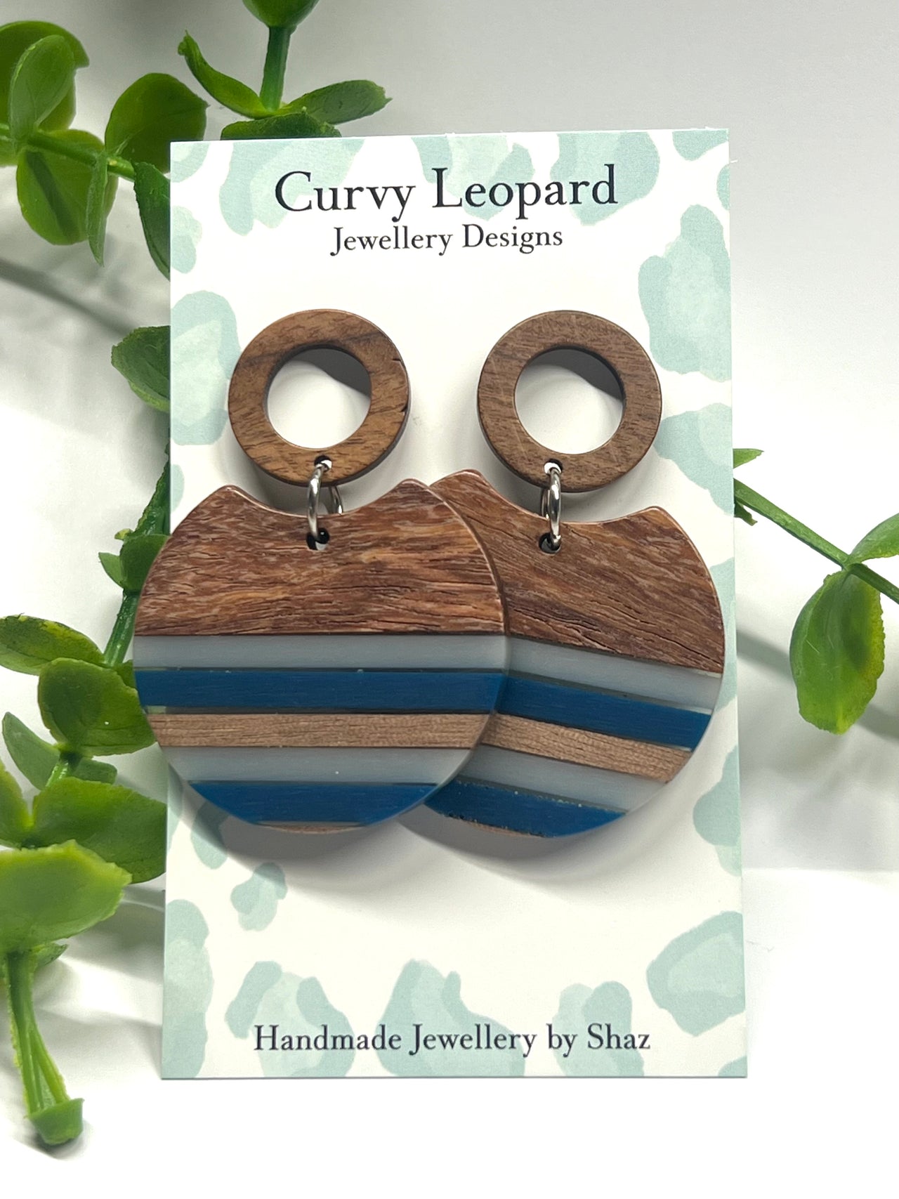 Denim Stripe Wood & Resin Stud Dangle Earrings