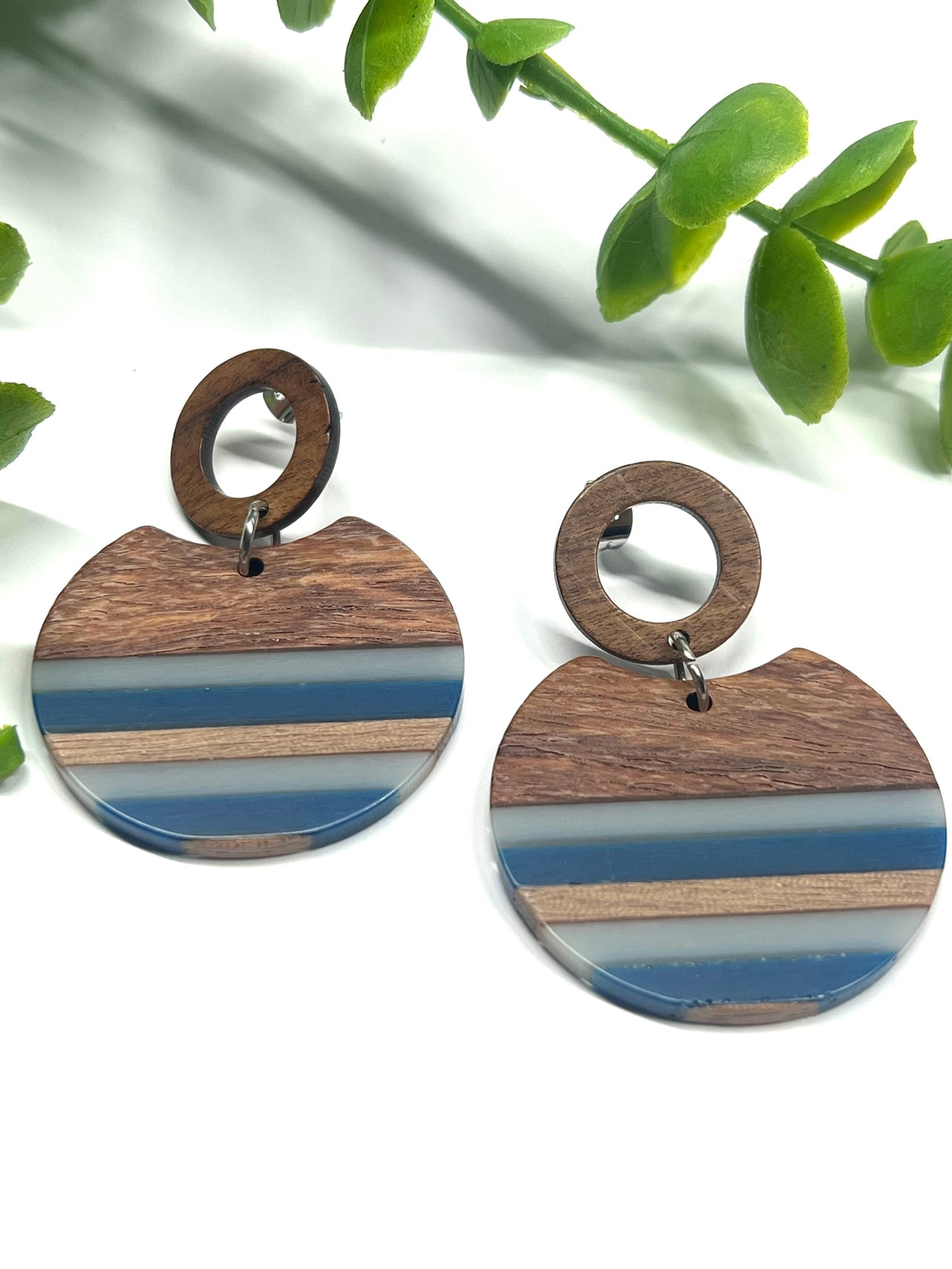 Denim Stripe Wood & Resin Stud Dangle Earrings