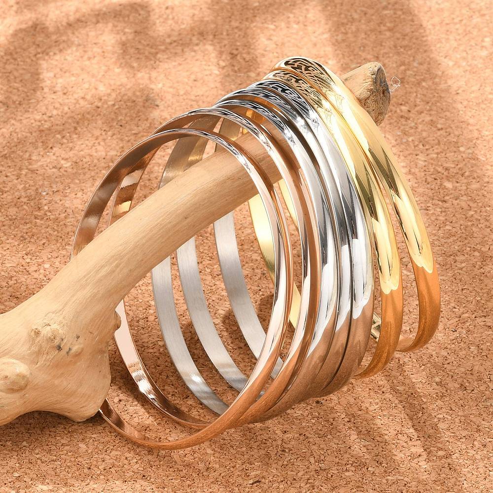 7pc Fashion 201 Stainless Steel Bangle Set Multi-Colour Gold, Rose Gold & Silver
