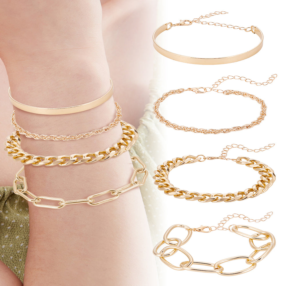 4Pc Gold Multi Layer Chain Bracelet Set Women's Stacked Fashion Jewellery