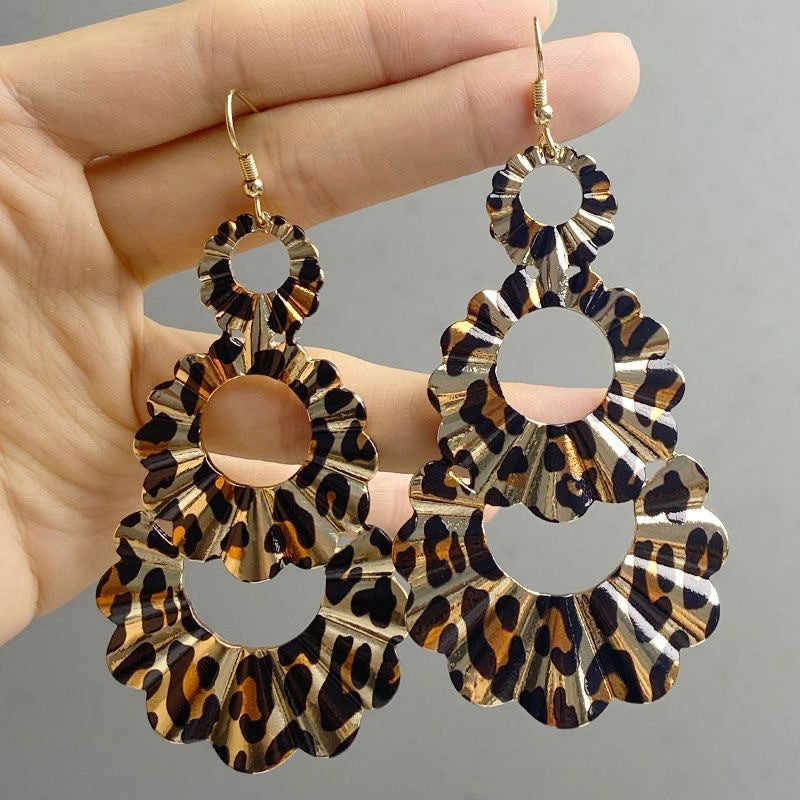 Leopard Print Teardrop Dangle Earrings Gold Statement Women's Fashion 90mm