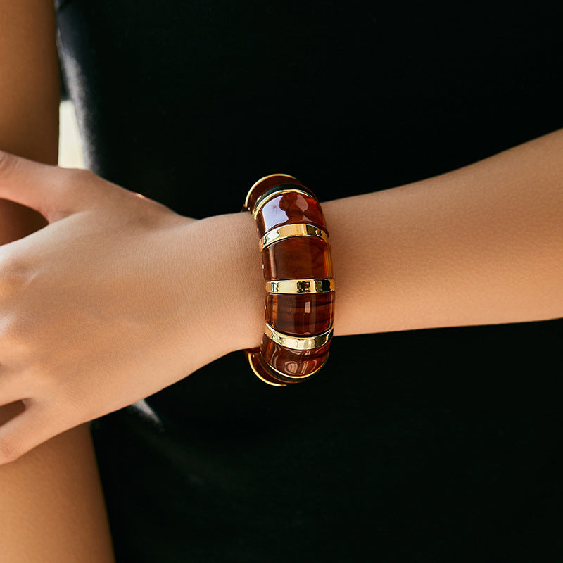 Marbled Amber Gold Acrylic Bead Bangle Bracelet Women's Statement Jewellery