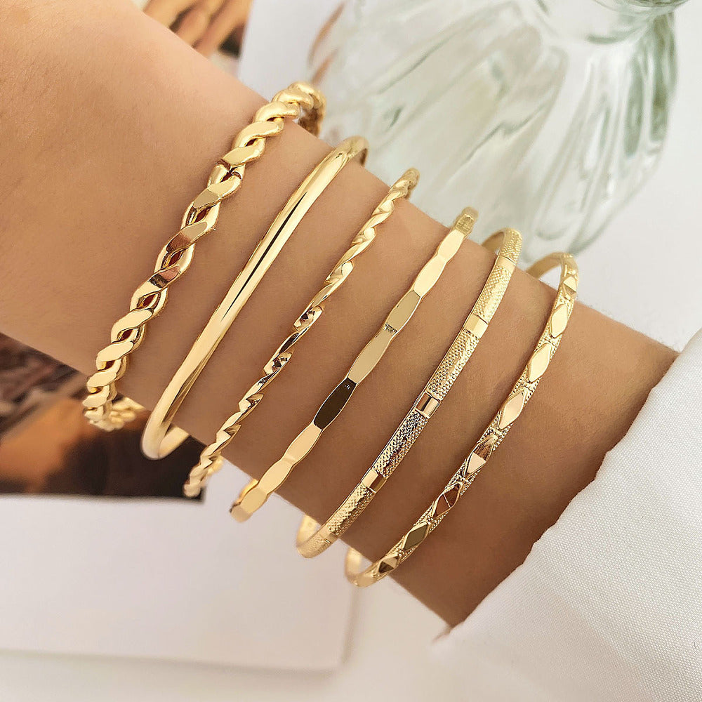 Women's 6 Piece Light Gold Stackable Bangle Bracelet Set – 6 Styles Fashion Jewellery