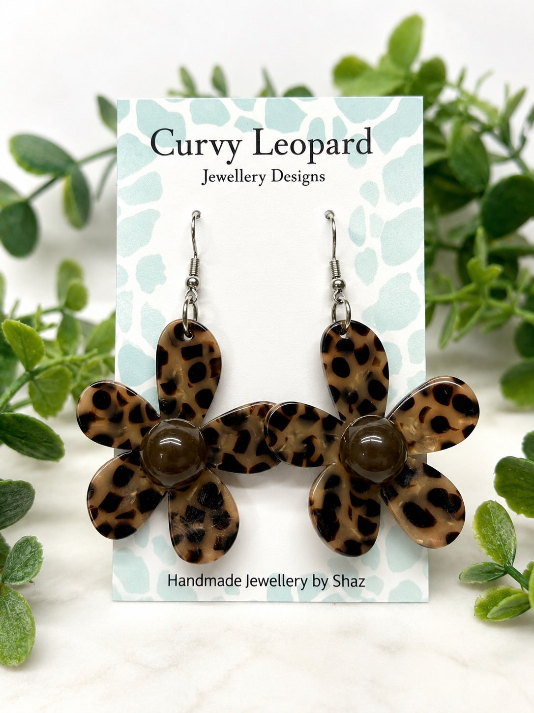 Leopard Print Flower Earrings, Acrylic Floral Dangles, Hypoallergenic Stainless Steel Gift