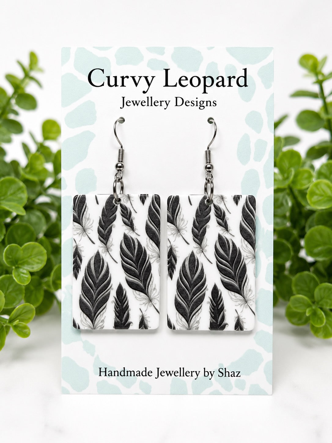 Black & White Feather Print Acrylic Dangle Earrings | Hypoallergenic Stainless Steel Statement Earrings