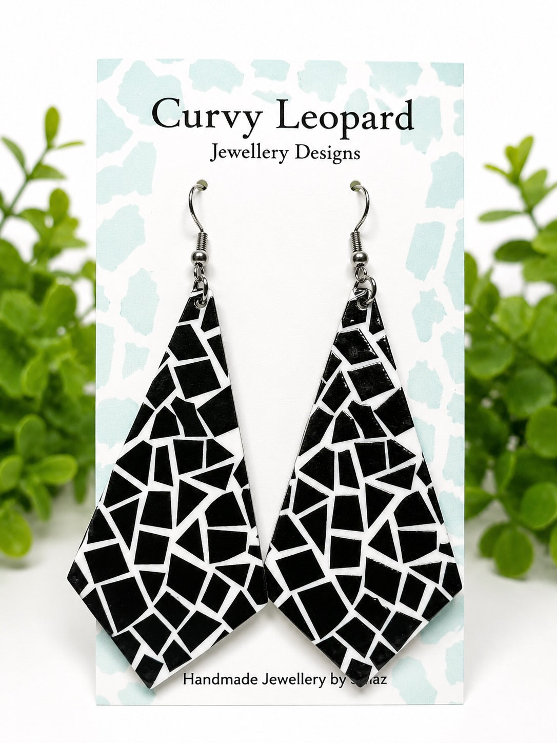 Black & White Aztec Print Acrylic Dangle Earrings | Hypoallergenic Stainless Steel Statement Earrings