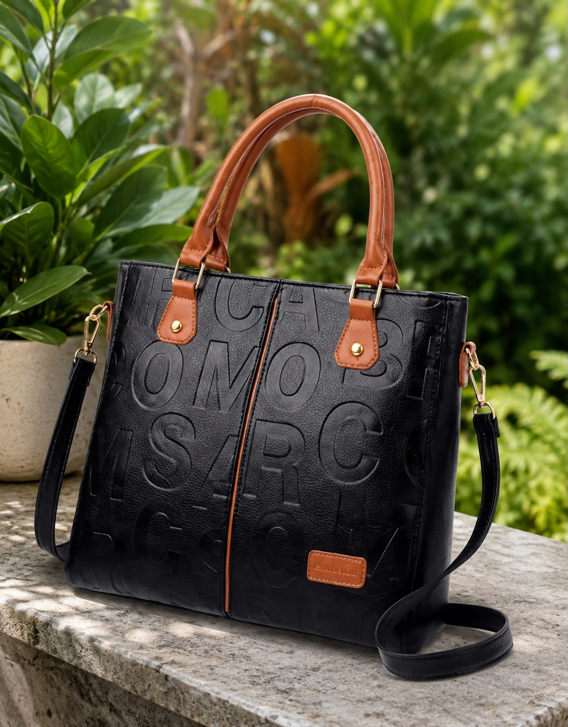 Women's Black Tan PU Leather Tote Bag Large Crossbody Handbag Top Handle Purse