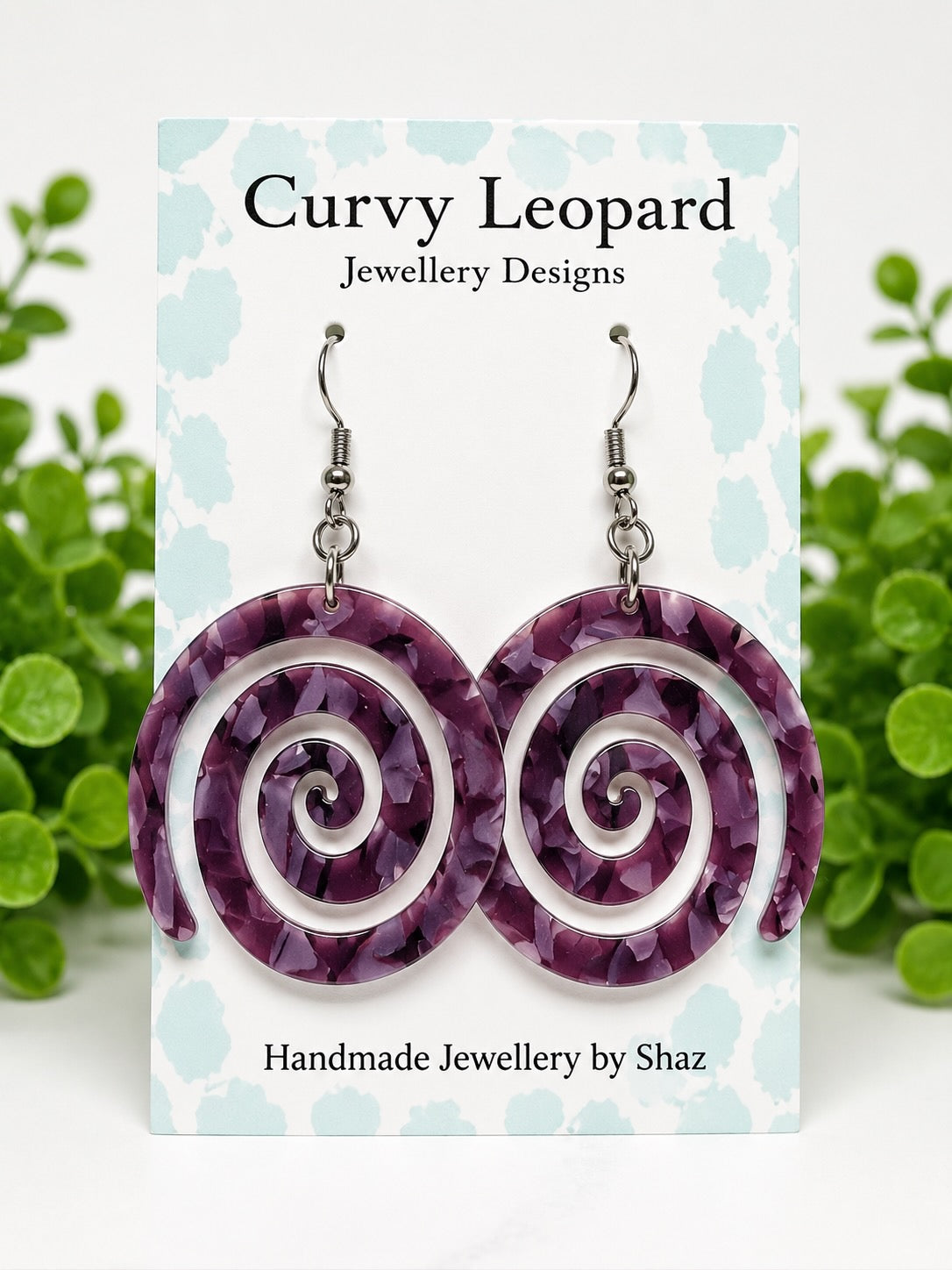 Purple Swirl Circle Acrylic Dangle Earrings | Hypoallergenic Stainless Steel Ear Wires | Statement Earrings