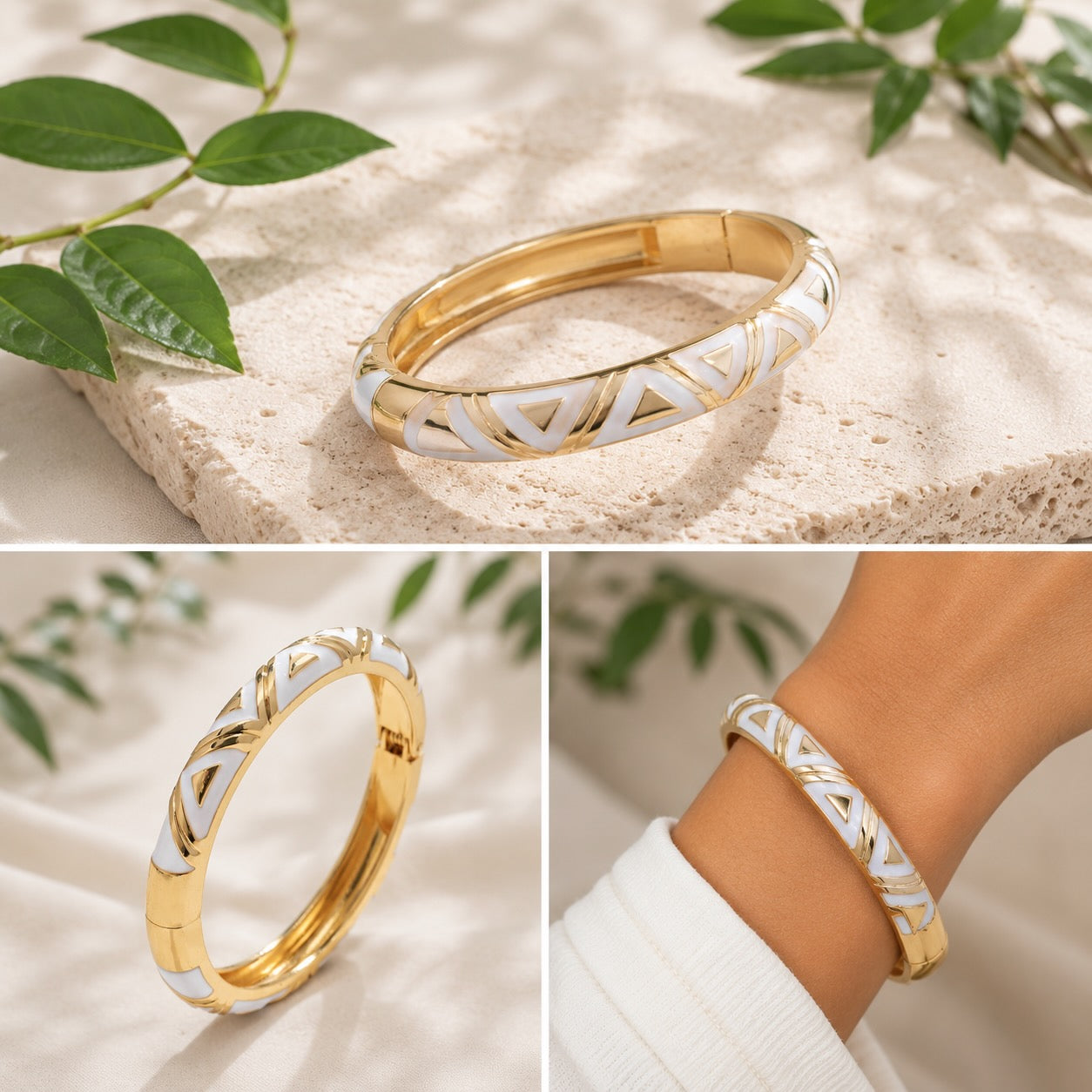 Gold White Enamel Triangle Pattern Hinged Bangle Bracelet Women Jewellery