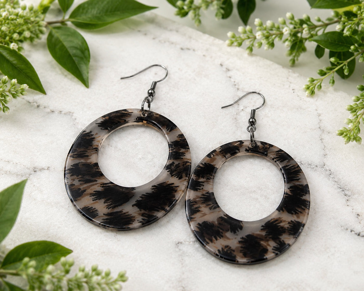 Leopard Print Donut Acrylic Dangle Earrings | Hypoallergenic Stainless Steel Ear Wires | Statement Earrings