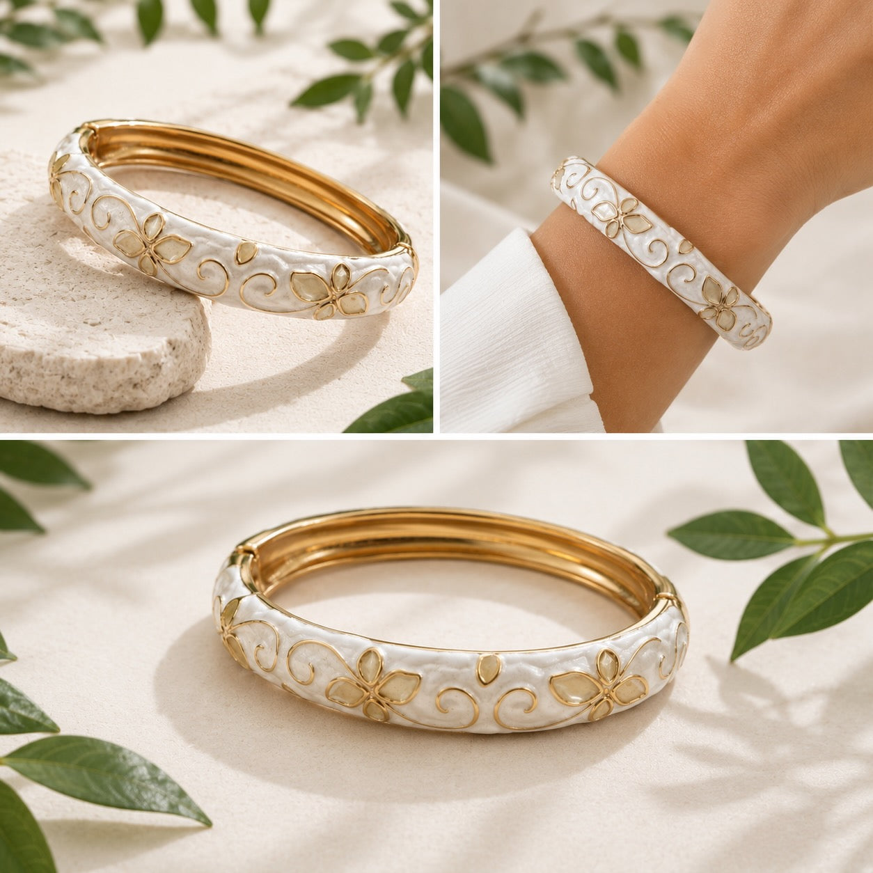 Gold White Enamel Flower Pattern Hinged Bangle Bracelet Women Jewellery