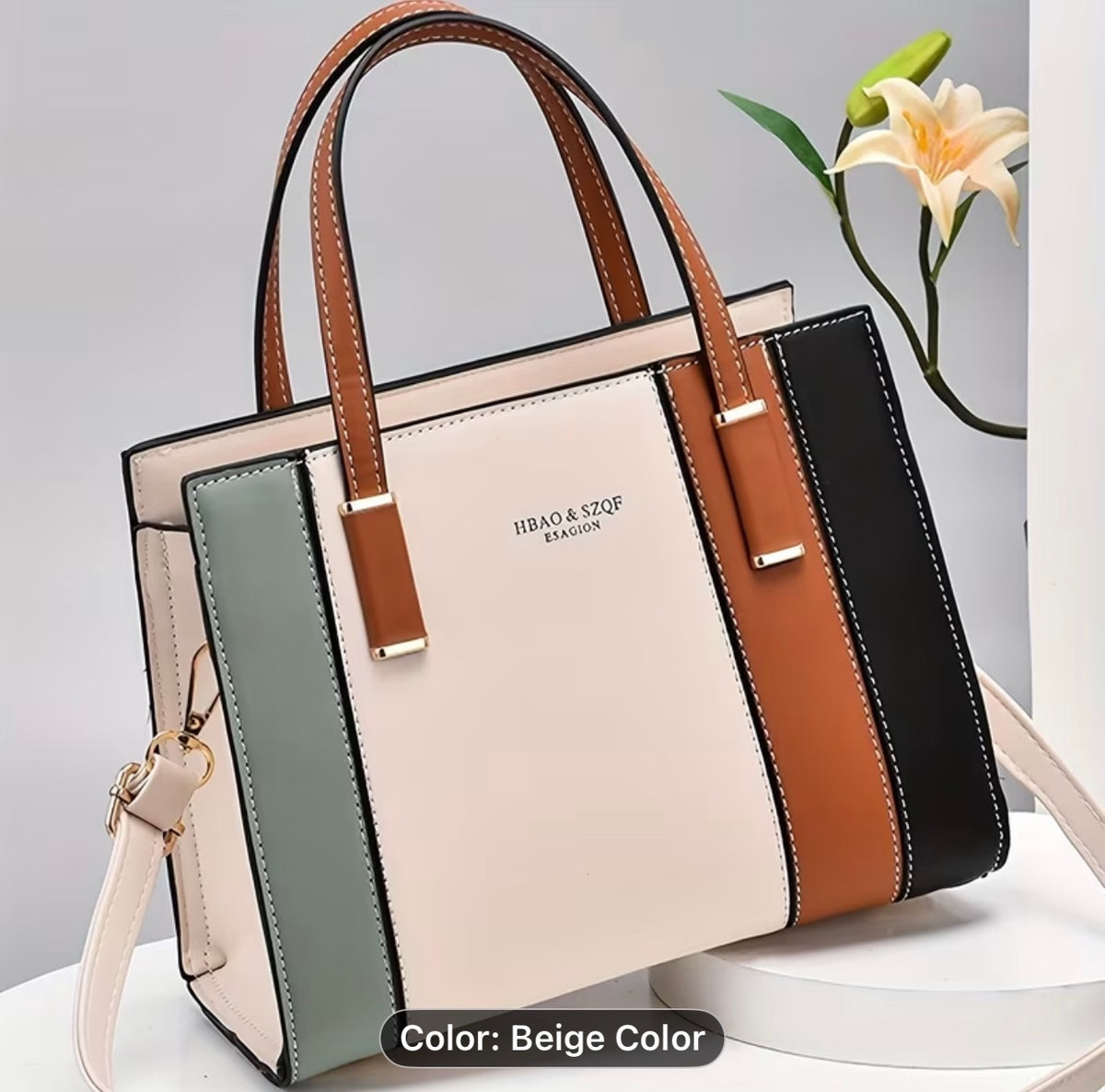 Women's Beige Handbag Colour Block Crossbody Shoulder Bag PU Leather Tote