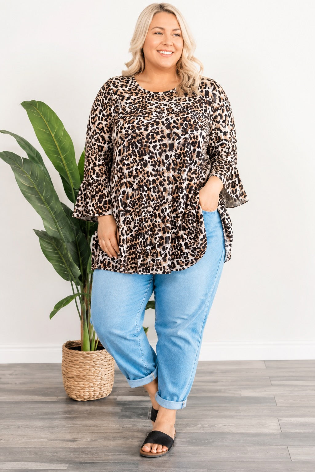 Plus Size Womens Leopard Print Longline Ruffle Top 3/4 Sleeve Stretch Tee Tee