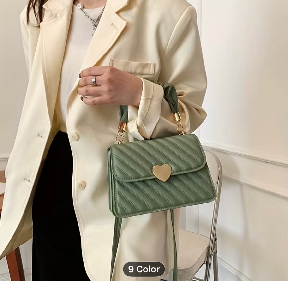Women's Olive Green Handbag Heart Embossed Crossbody Shoulder Bag Ruched Handle