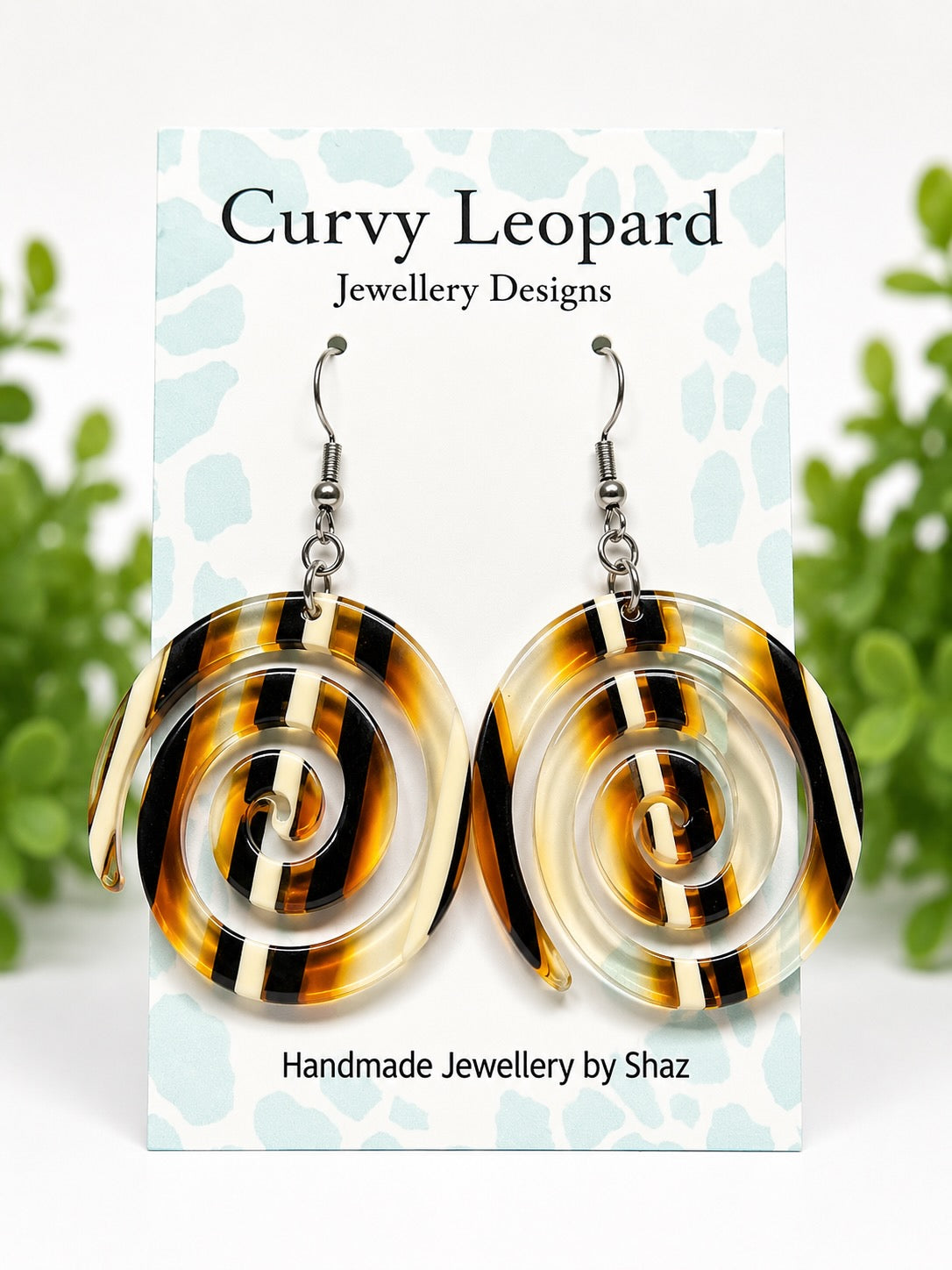 Brown Swirl Circle Acrylic Dangle Earrings | Hypoallergenic Stainless Steel Ear Wires | Statement Earrings