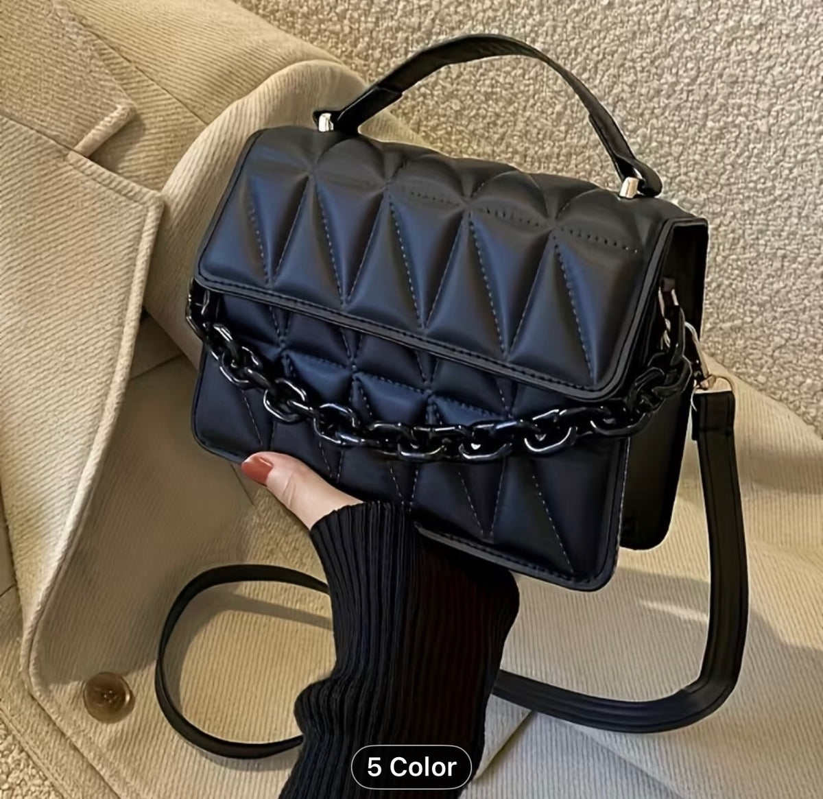 Women's Black Quilted Crossbody Bag Chain Detail Shoulder Handbag Adjustable Strap