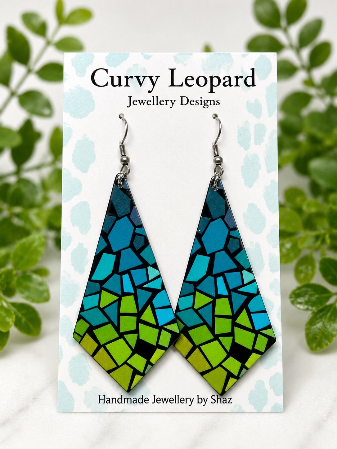 Green Aztec Print Acrylic Dangle Earrings | Hypoallergenic Stainless Steel Statement Earrings