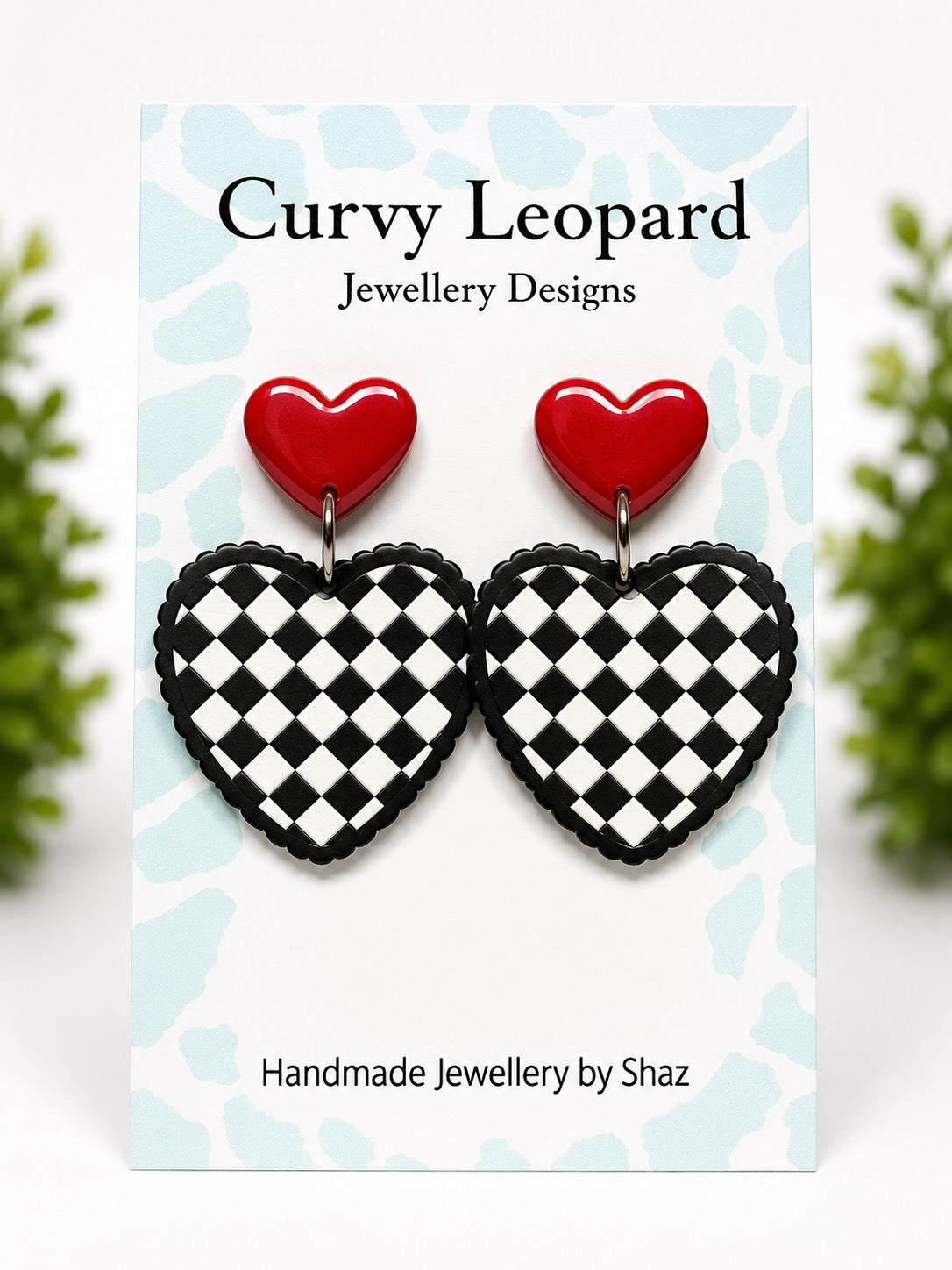 Red Heart Stud Earrings, Black White Check Heart Dangles, Acrylic Statement Earrings, Hypoallergenic
