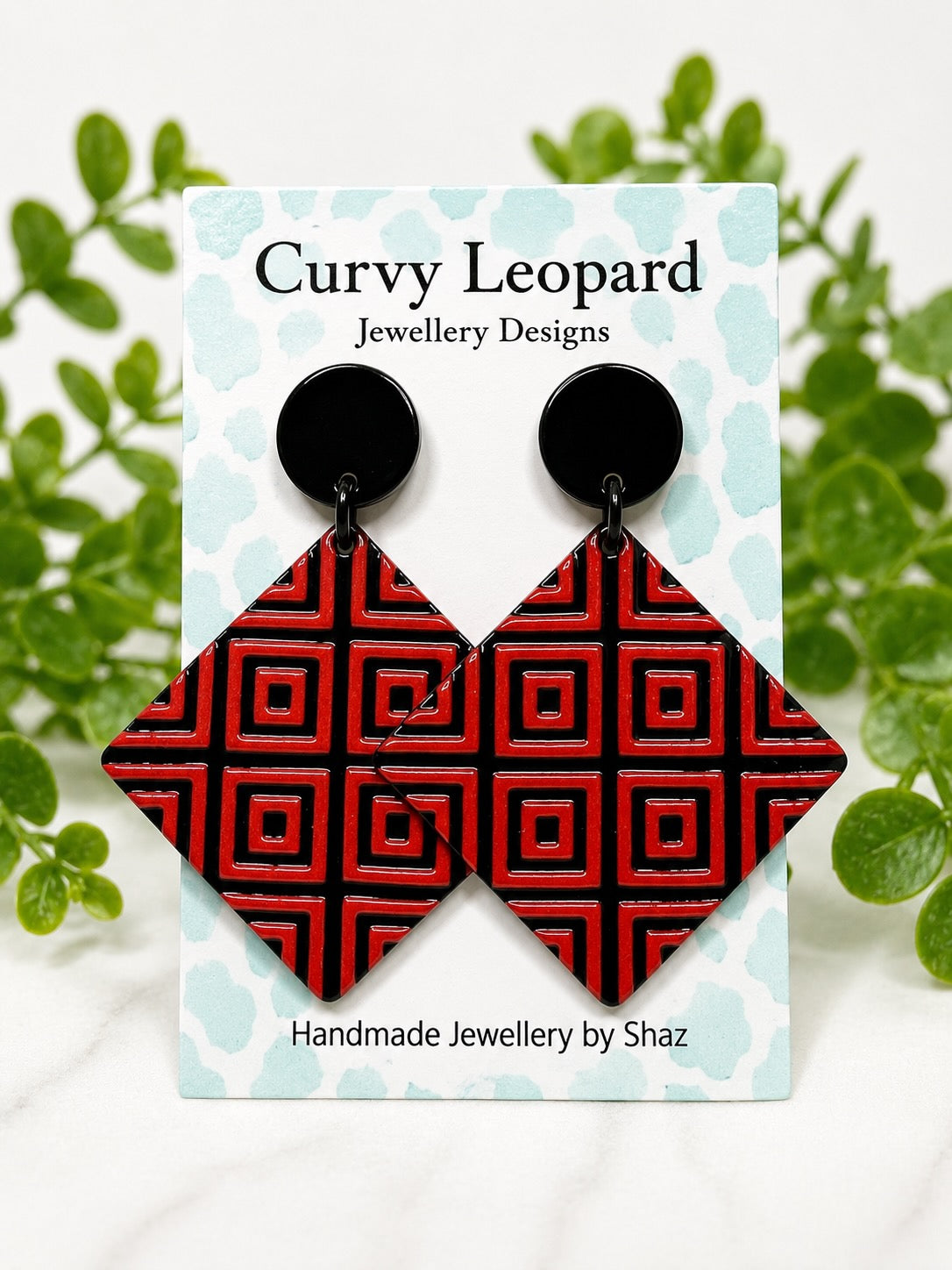 Red & Black Pattern Acrylic Dangle Earrings | Black Studs | Hypoallergenic Stainless Steel Statement Earrings