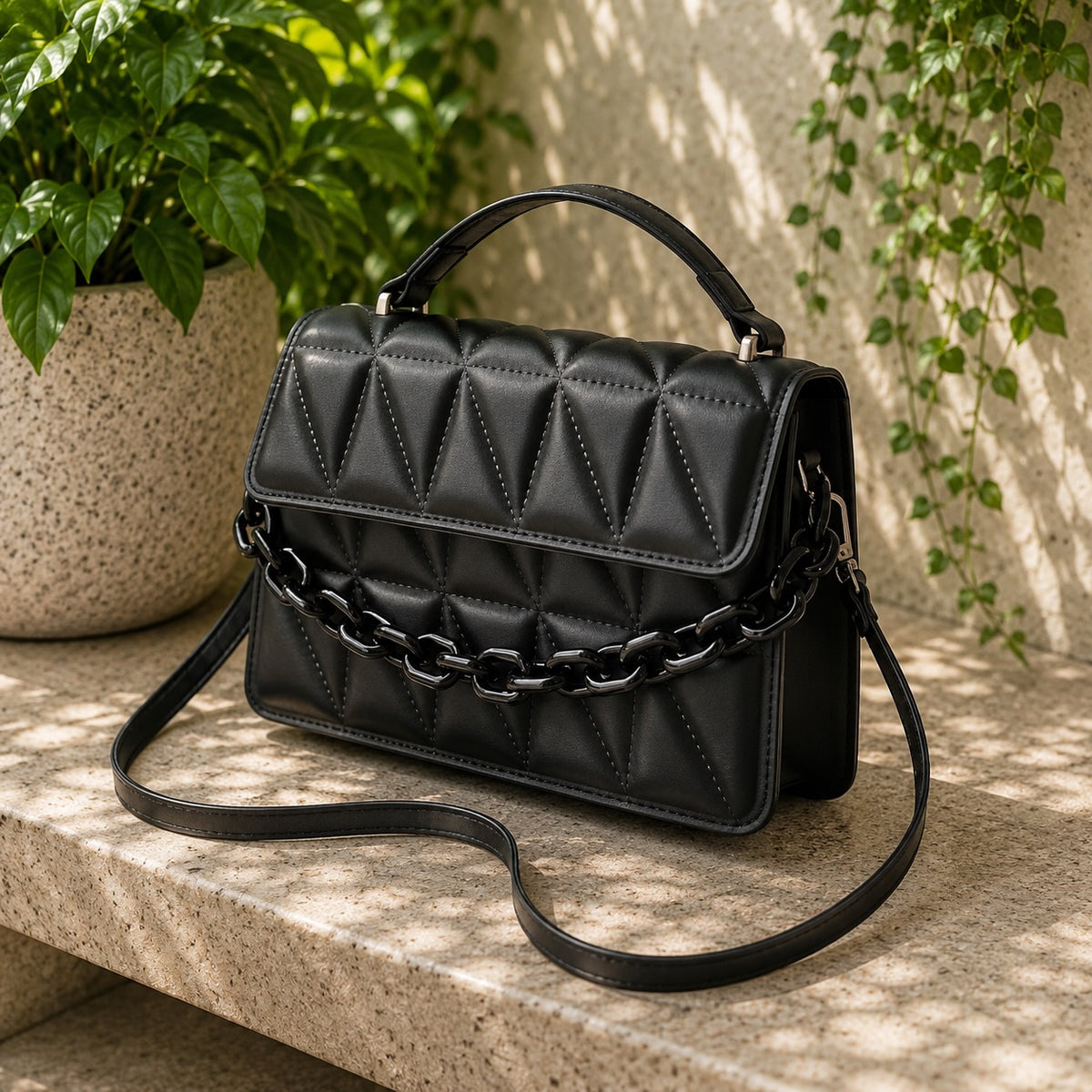 Women's Black Quilted Crossbody Bag Chain Detail Shoulder Handbag Adjustable Strap