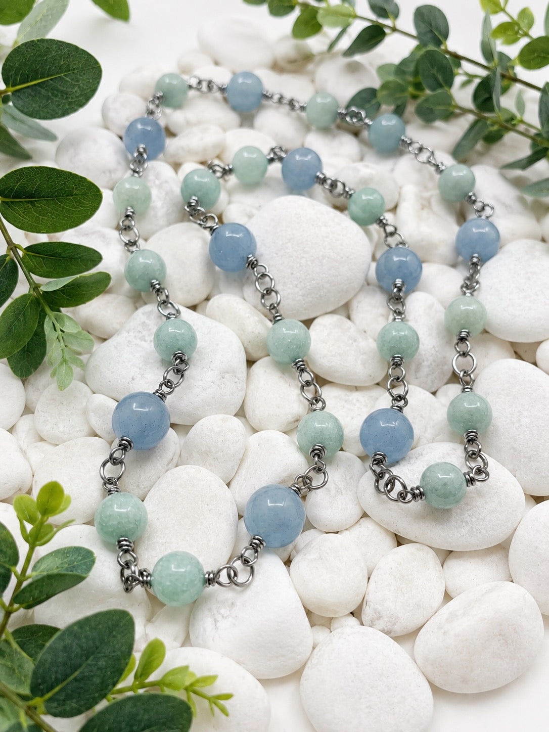 Blue Jade Amazonite Gemstone Necklace 65cm Handmade Statement Jewellery Women