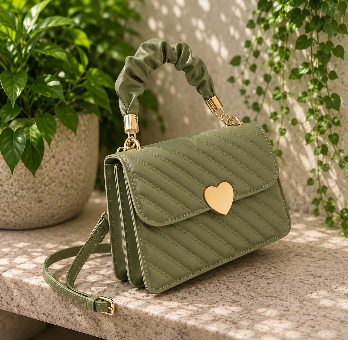 Women's Olive Green Handbag Heart Embossed Crossbody Shoulder Bag Ruched Handle