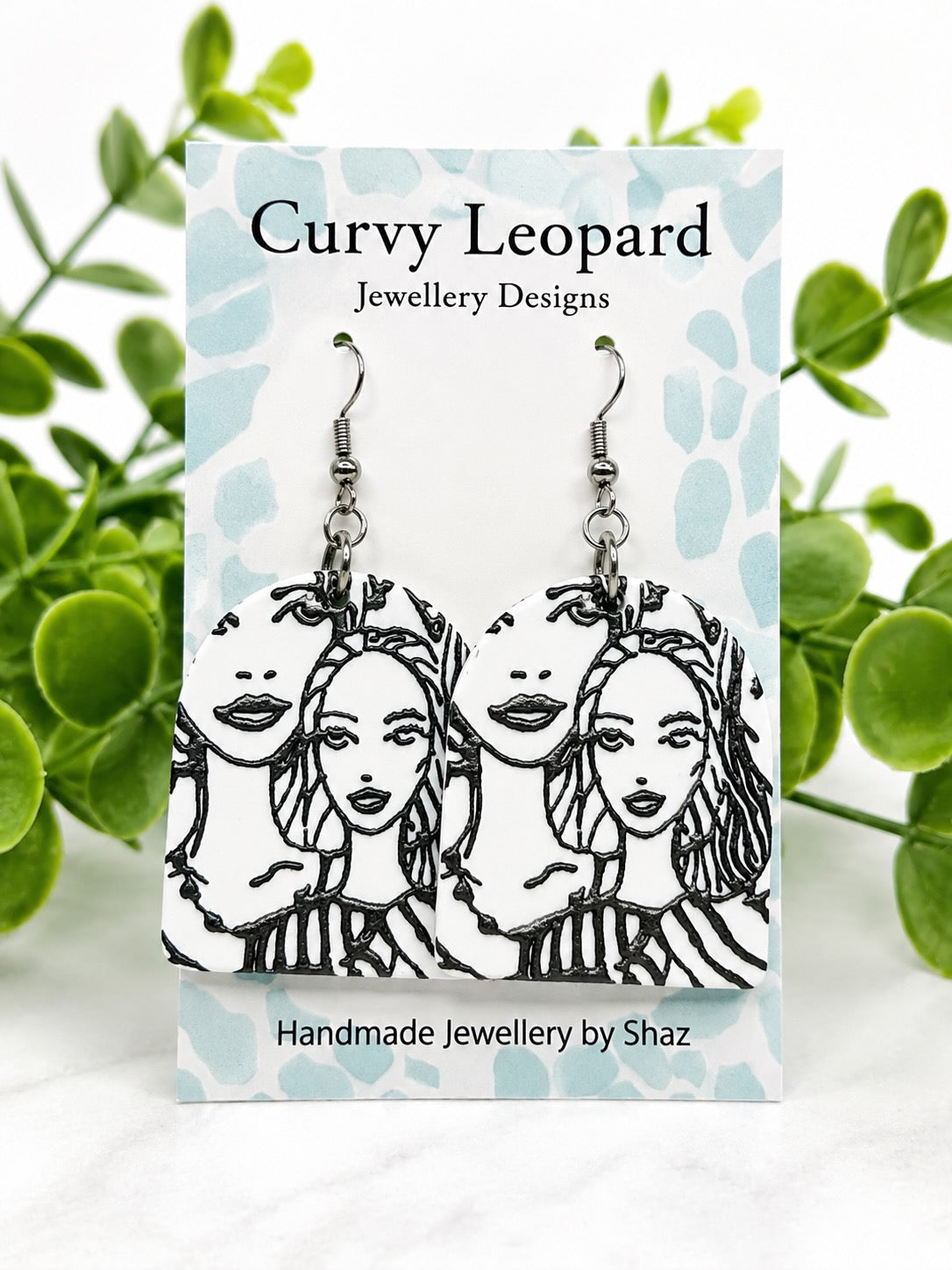 Black & White Face Drawing Acrylic Dangle Earrings | Abstract Art Statement Earrings | Hypoallergenic Stainless Steel