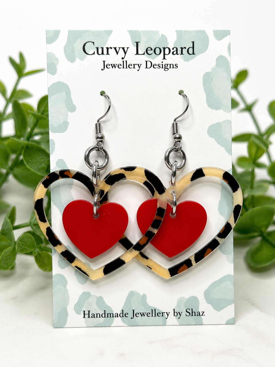 Leopard Heart Frame Earrings, Red Heart Dangles, Acrylic Statement Jewellery, Hypoallergenic Gift for Her
