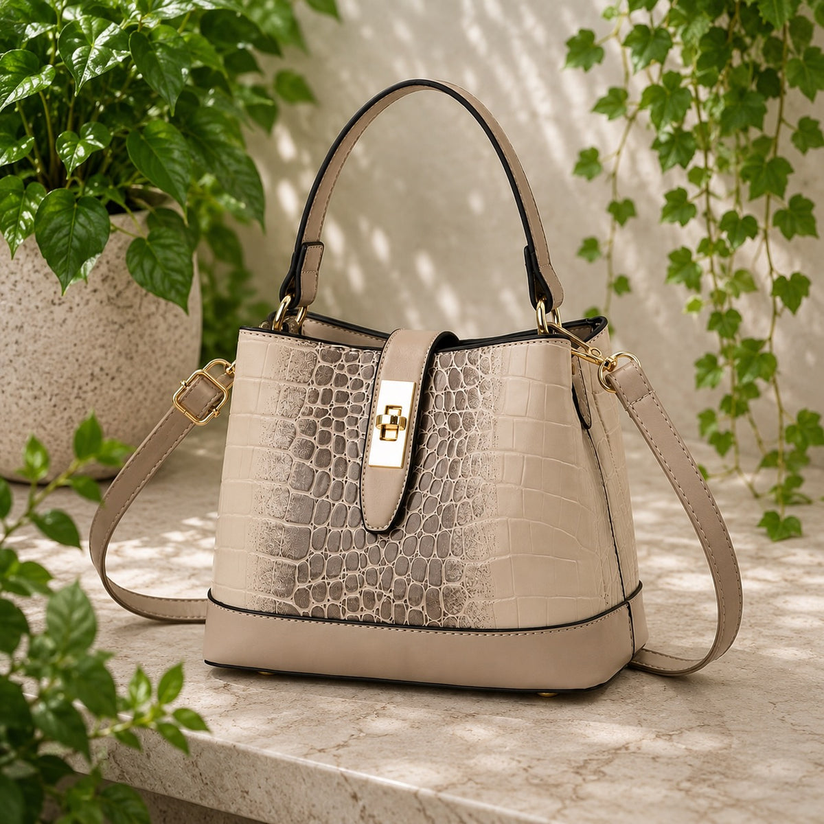 Women's Beige Crocodile Embossed Handbag Crossbody Shoulder Bag Bucket Purse
