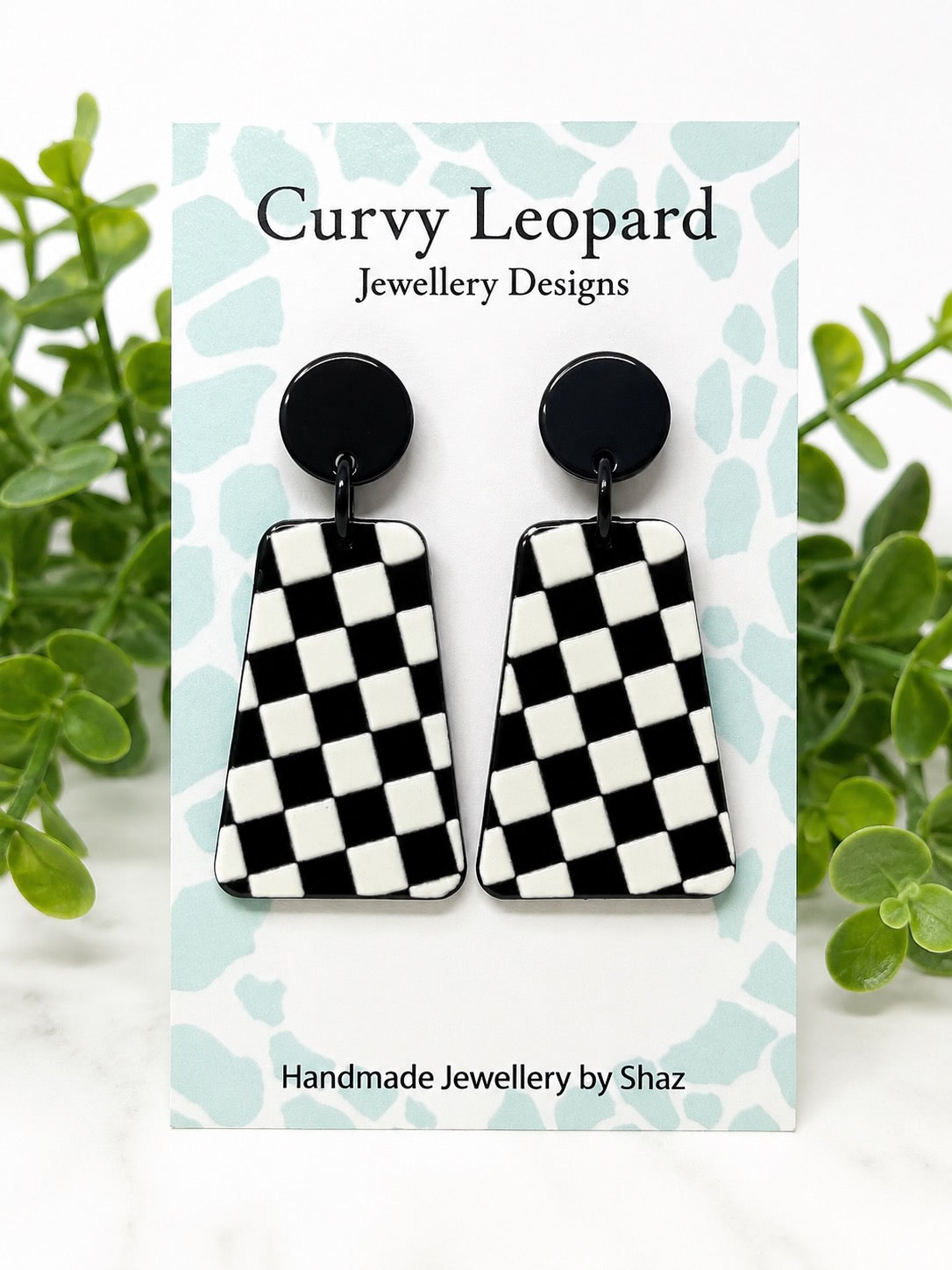 Black & White Checkered Acrylic Stud Dangle Earrings | Hypoallergenic Stainless Steel Stud | Statement Earrings