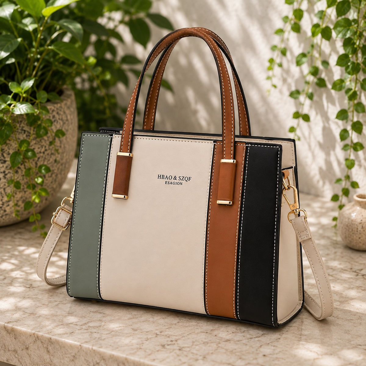 Women's Beige Handbag Colour Block Crossbody Shoulder Bag PU Leather Tote