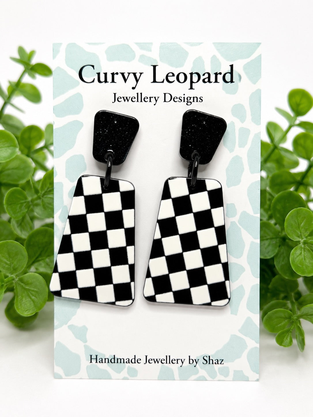 Black & White Checkered Acrylic Stud Dangle Earrings | Hypoallergenic Stainless Steel Stud | Statement Earrings