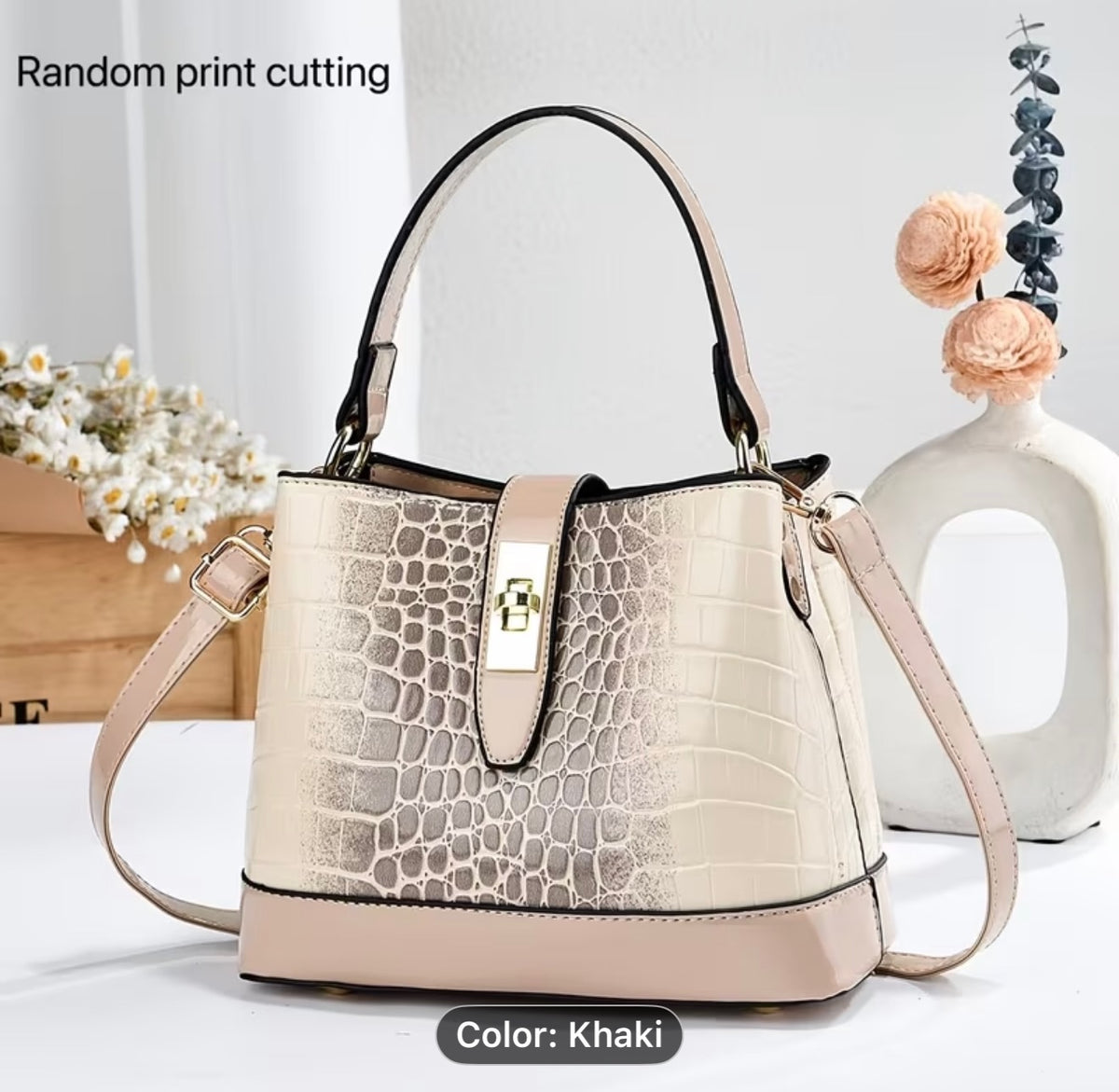 Women's Beige Crocodile Embossed Handbag Crossbody Shoulder Bag Bucket Purse