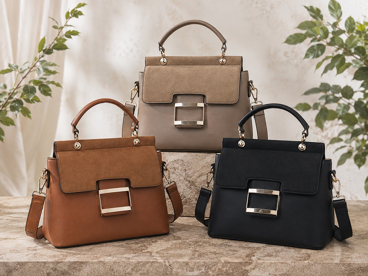 Women's PU Leather Suede Patchwork Handbag Crossbody Bag Wide Strap Buckle