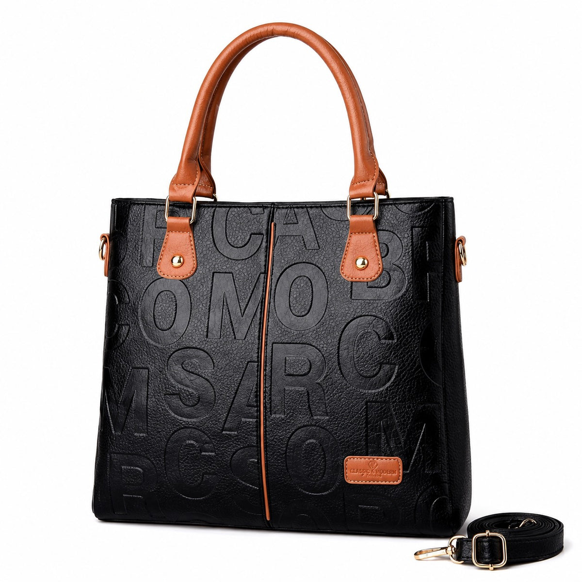 Women's Black Tan PU Leather Tote Bag Large Crossbody Handbag Top Handle Purse