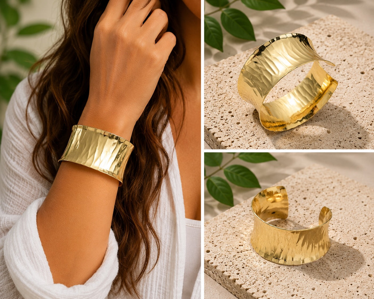 18K Gold Plated Twist Wide Cuff Bangle Brass Statement Bracelet Women