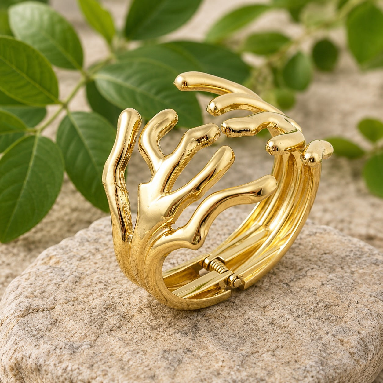 Gold Tree Trunk Wide Bangle Bracelet Women's Statement Fashion Jewellery