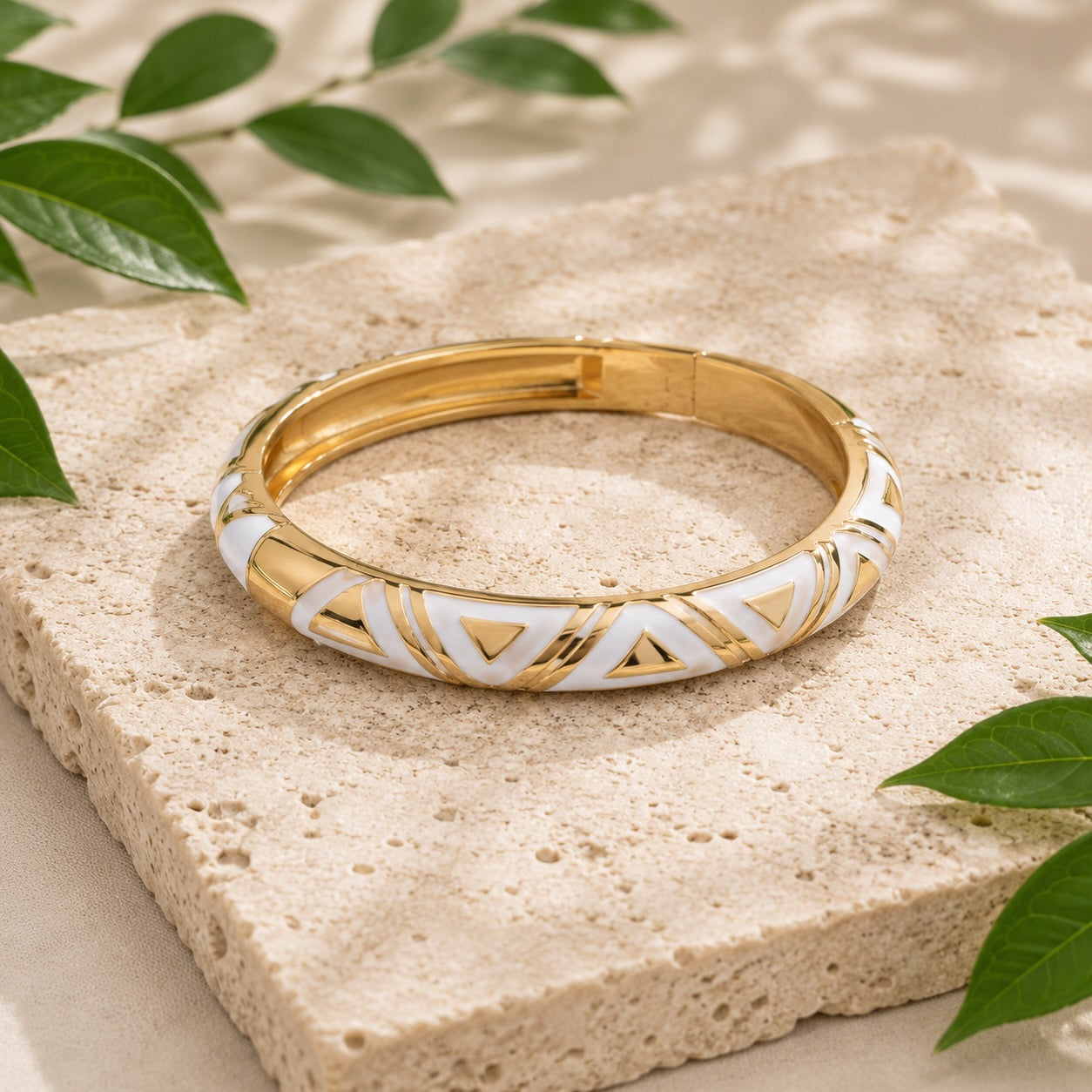 Gold White Enamel Triangle Pattern Hinged Bangle Bracelet Women Jewellery